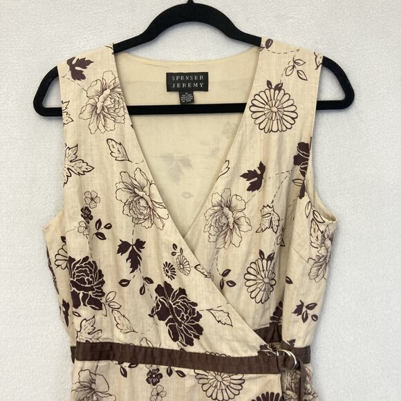 Spenser Jeremy Linen Wrap Dress Womens 12 Floral Sleeveless Knee Length Neutral - Picture 6 of 12